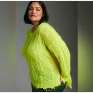 Anthropologie The Posey Distressed Stitch Sweater Yellow Green Neon Sz M